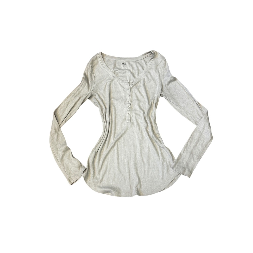 ana‎ Long Sleeve Henley Top Women's Beige Ribbed Button Up Casual Basic